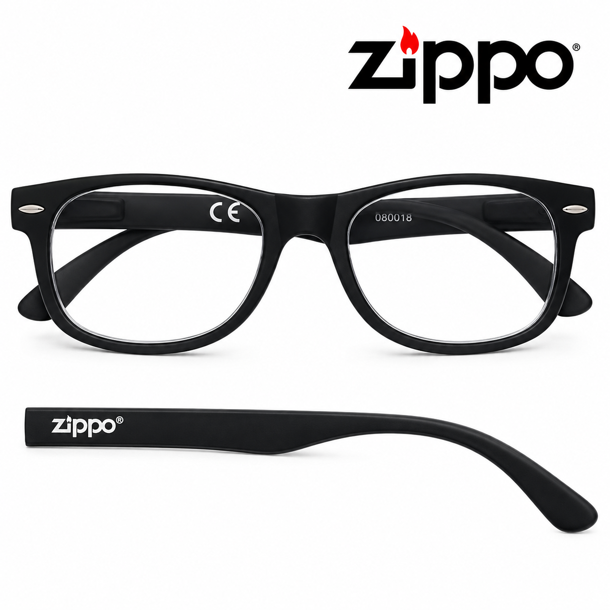 Black eyeglasses with Zippo logo on a white background