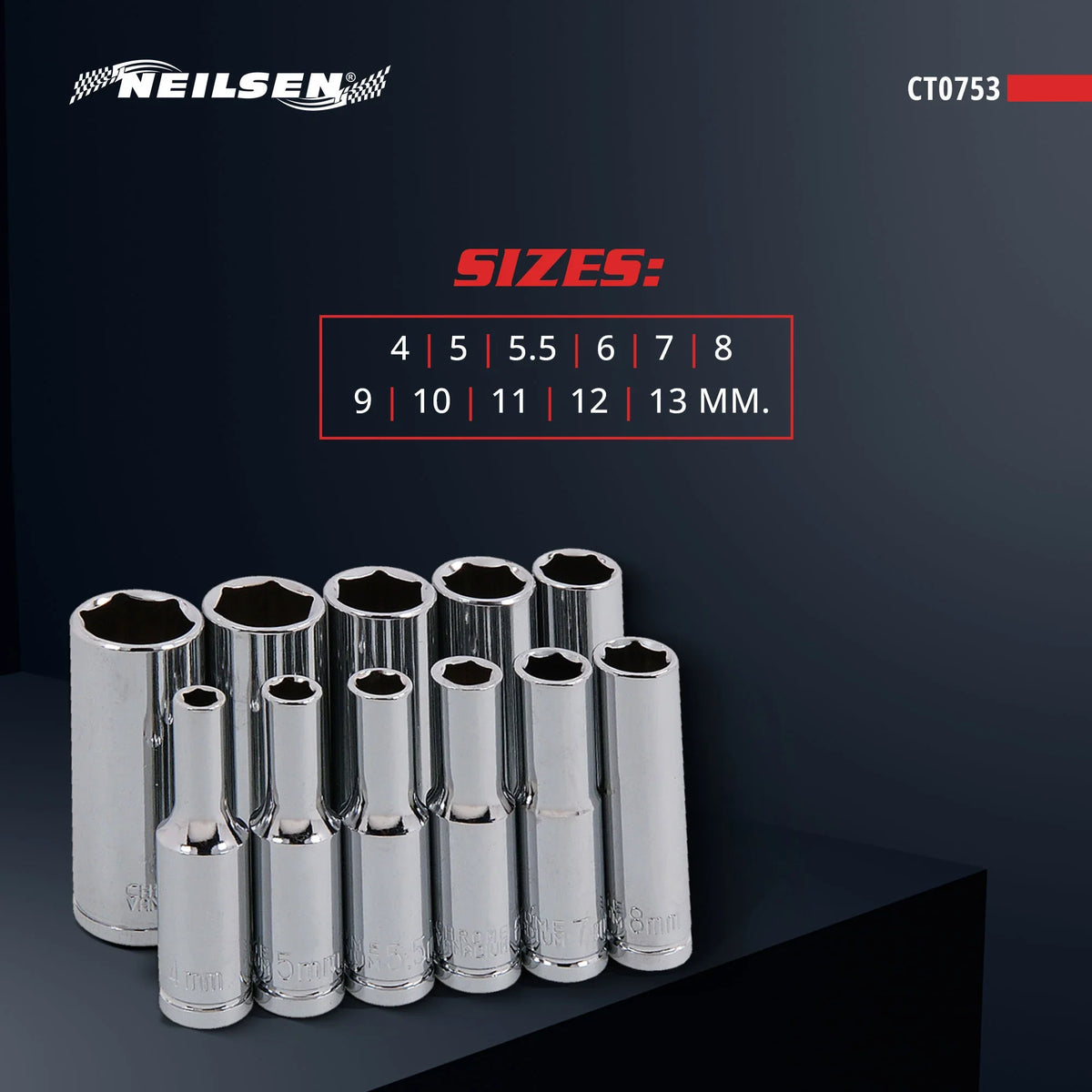 Neilsen 11 Piece Chrome 1/4" Drive Deep Socket Set 4 - 13mm With Rail CT0753