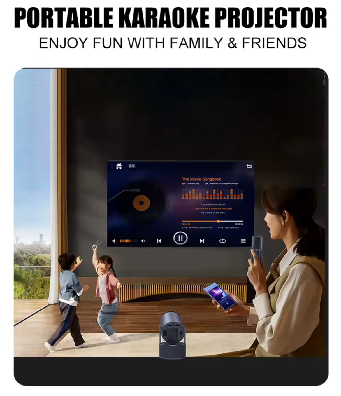 HY300 Pro KTV Home Cinema Projector With Built In Speaker & Karaoke Microphones