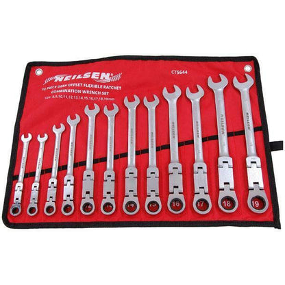 Neilsen Ratchet Combination Wrench Set Flexi 12 Piece Deep Offset CT5644