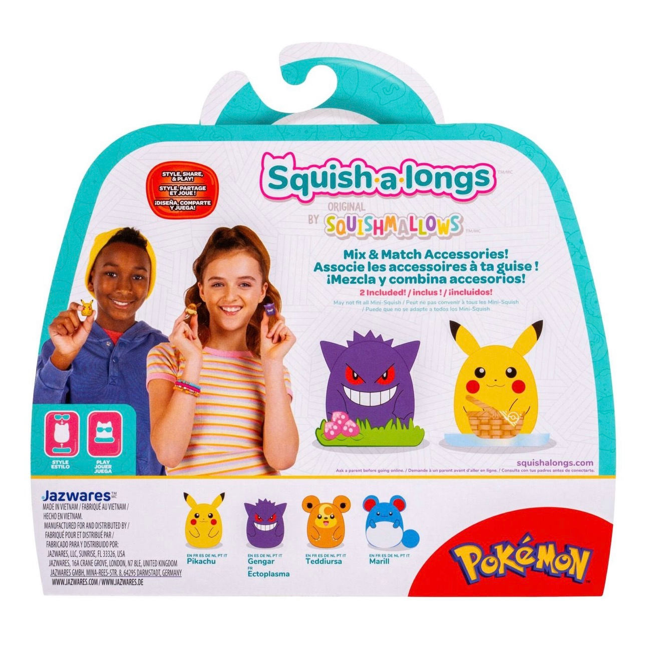 Pokémon Squishalong 4 Pack Including Gengar, Pikachu, Marill, & Teddiursa