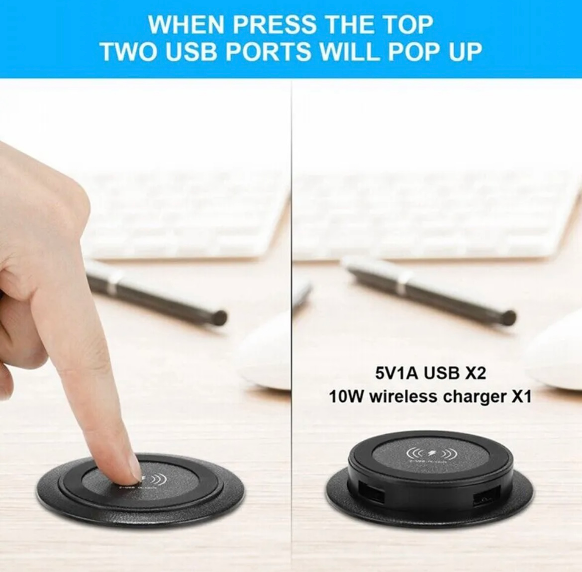 Desktop Embedded Pop Up Fast Wireless Charger With USB Ports Built In