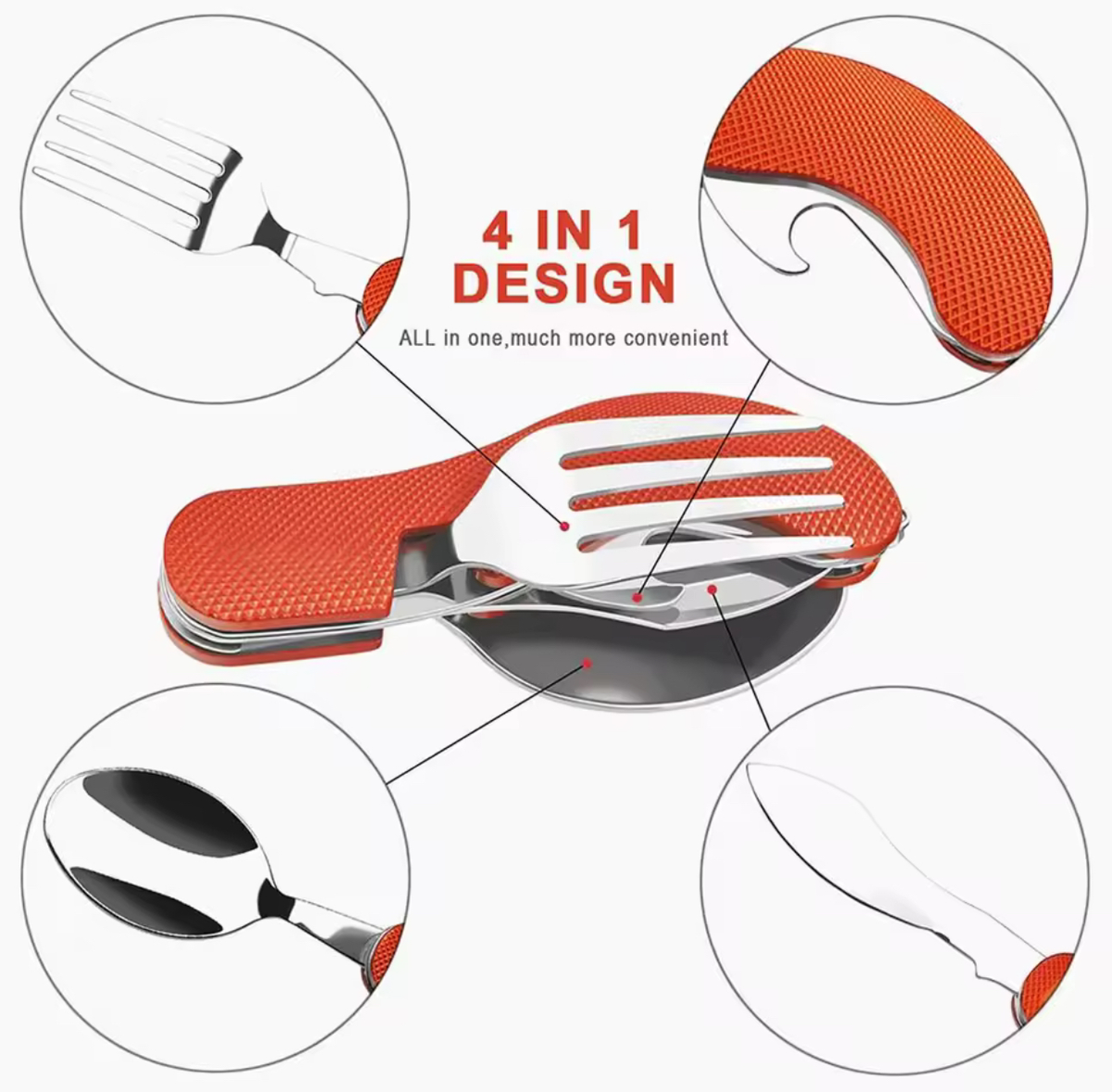 Folding 4 In 1 Utensil Set Including Spoon Fork Knife & Bottle Opener