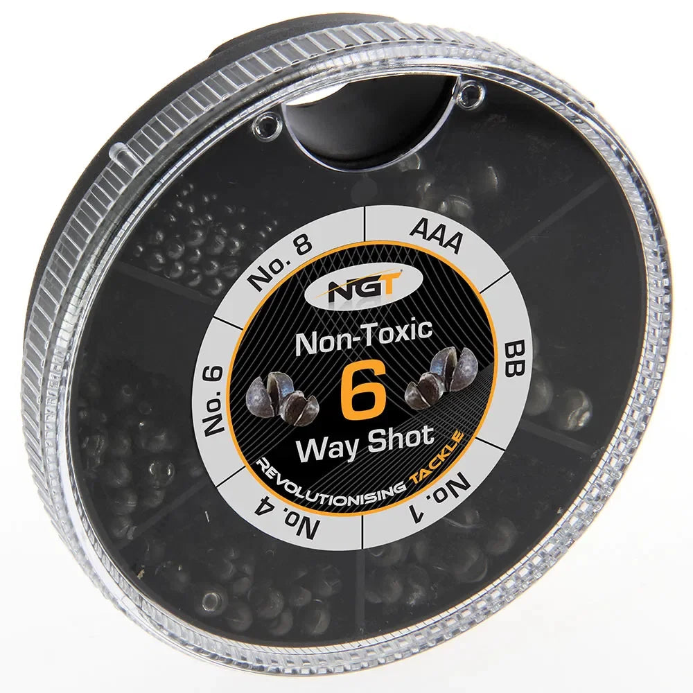 NGT 6 Way Non-Toxic Split Shot Dispenser Sizes No.8 - AAA Float Fishing Weights