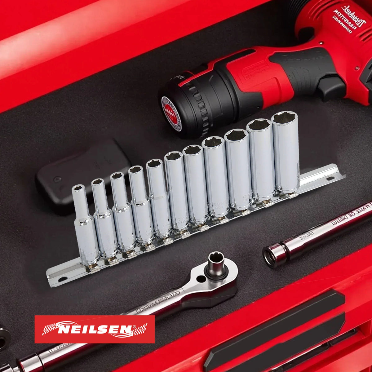 Neilsen 11 Piece Chrome 1/4" Drive Deep Socket Set 4 - 13mm With Rail CT0753