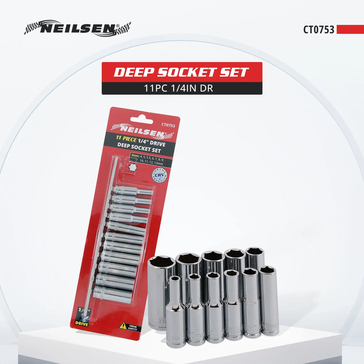 Neilsen 11 Piece Chrome 1/4" Drive Deep Socket Set 4 - 13mm With Rail CT0753