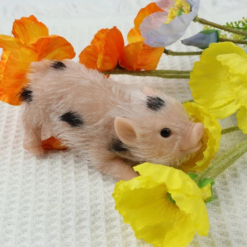 Silicone White Haired Spotted Crouching Piglet