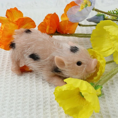 Silicone White Haired Spotted Crouching Piglet