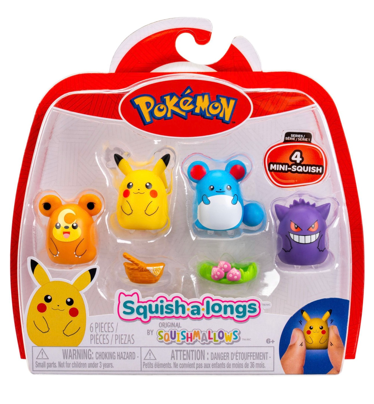 Pokémon Squishalong 4 Pack Including Gengar, Pikachu, Marill, & Teddiursa