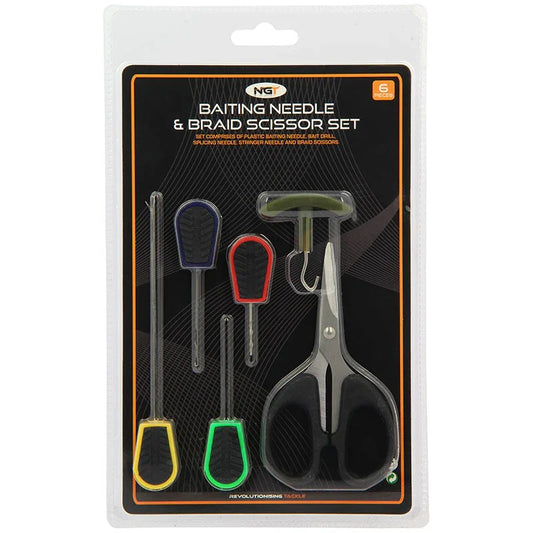 NGT 6pc Soft Grip Tool Set Baiting Needle & Braid Scissor Set