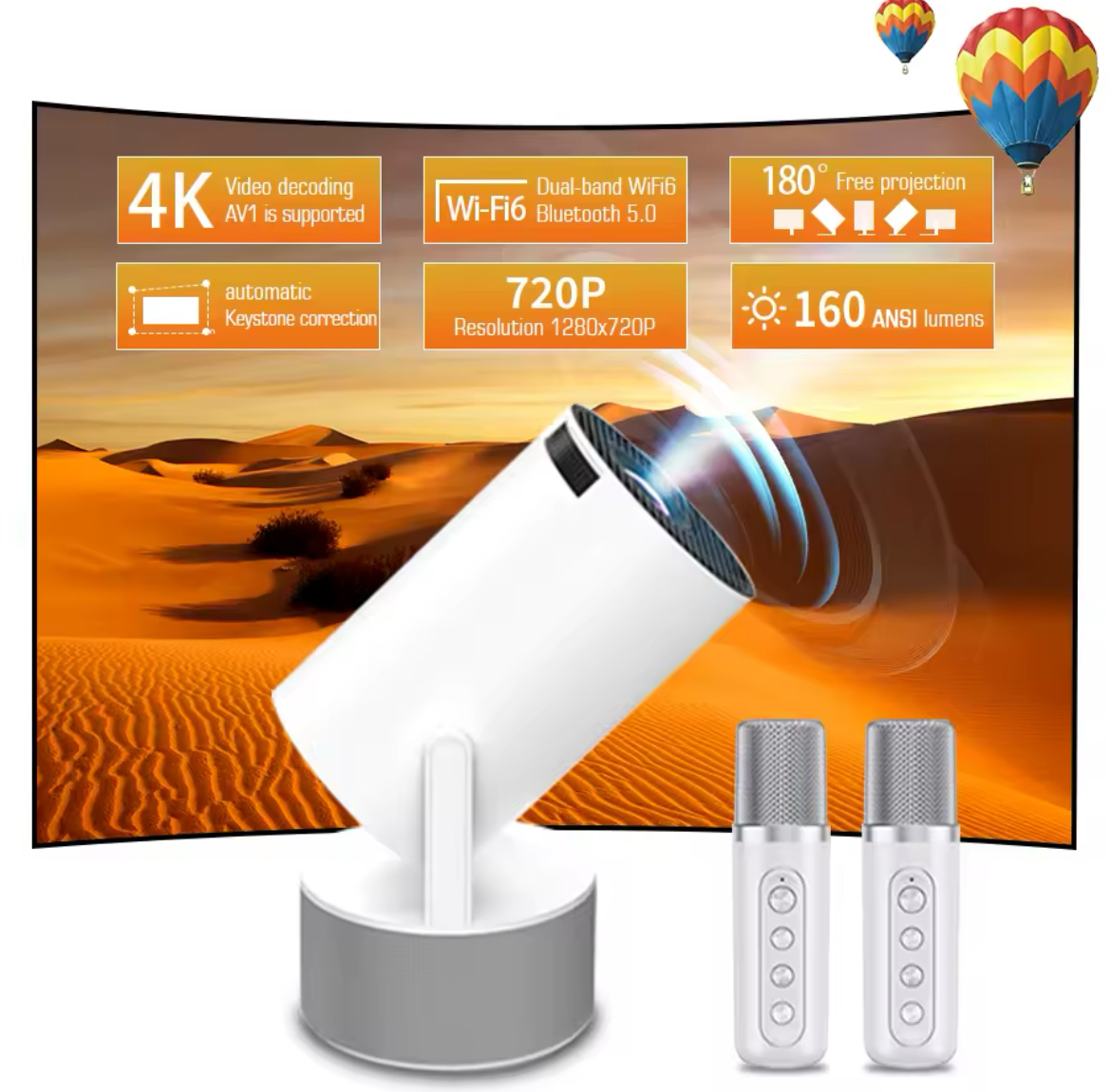 HY300 Pro KTV Home Cinema Projector With Built In Speaker & Karaoke Microphones