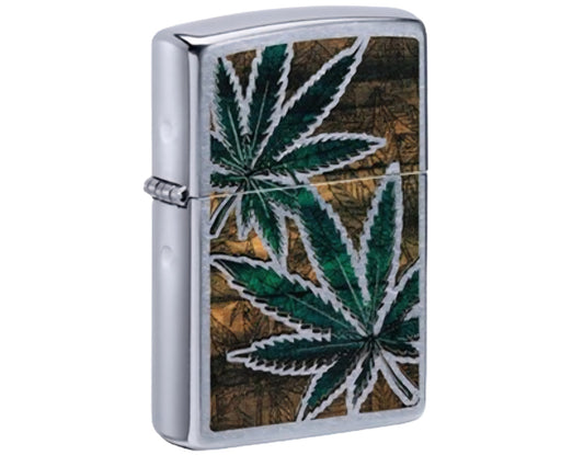 Zippo Regular Street Chrome Cannabis Leaf Design Refillable Windproof Lighter