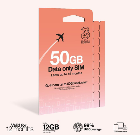 Three PAYG Data Sim Card With 50GB Pre Loaded Data