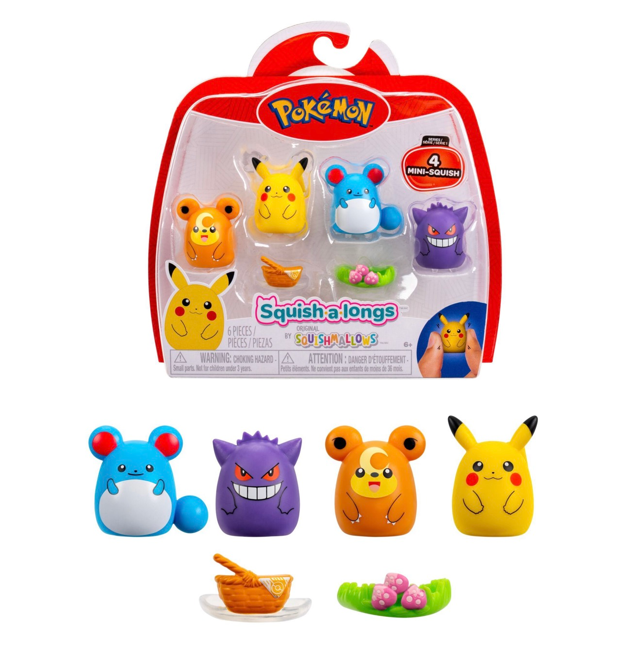 Pokémon Squishalong 4 Pack Including Gengar, Pikachu, Marill, & Teddiursa