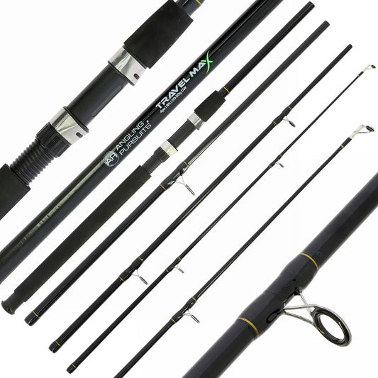 A set of black fishing rods shown in various assembled and disassembled positions on a clean white background. The rods feature silver metal guides, line guides, and silver accents, with one rod displaying the brand name 'TRAVEL-MAX' and 'FISHING PRO' in white text.