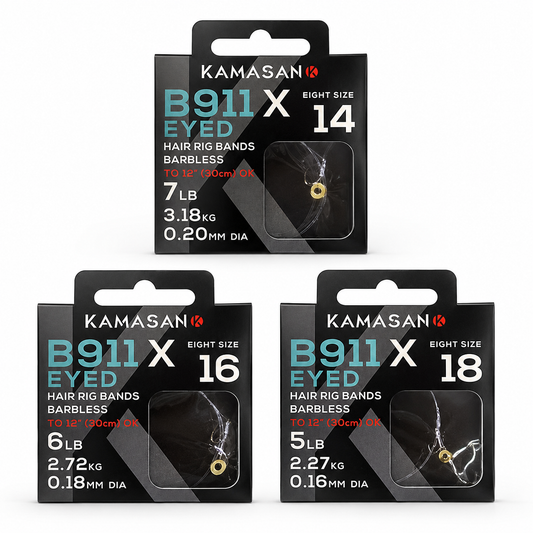 Three packages of Kamasan B911 Eyed hair rig bands on a white background