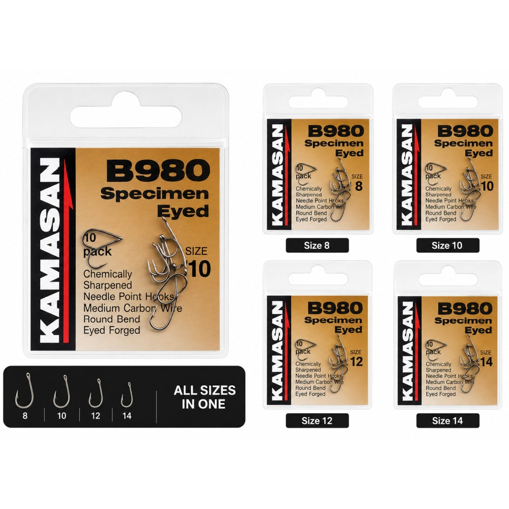 Kamasan B980 Specimen Eyed fishing hooks in various sizes on packaging