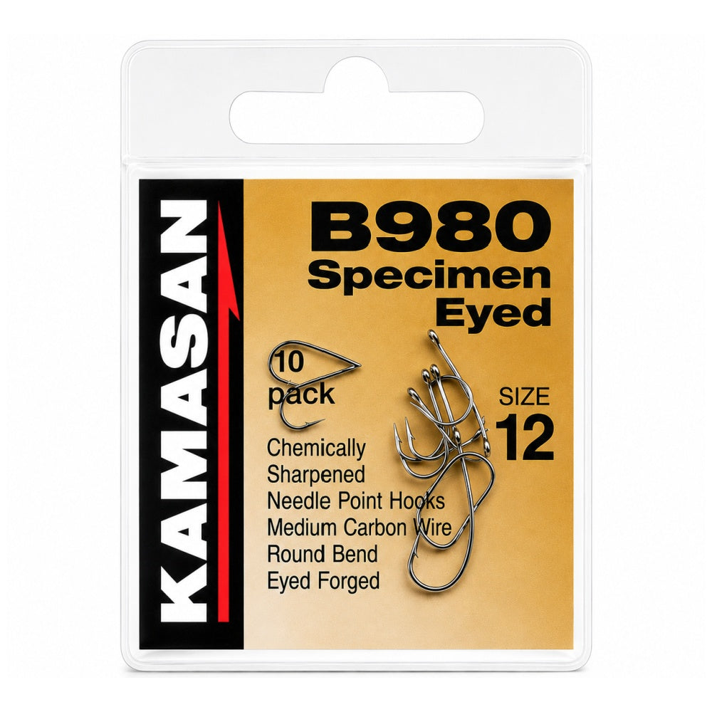 Kamasan B980 Specimen Eyed fishing hook packaging with hooks on a white background