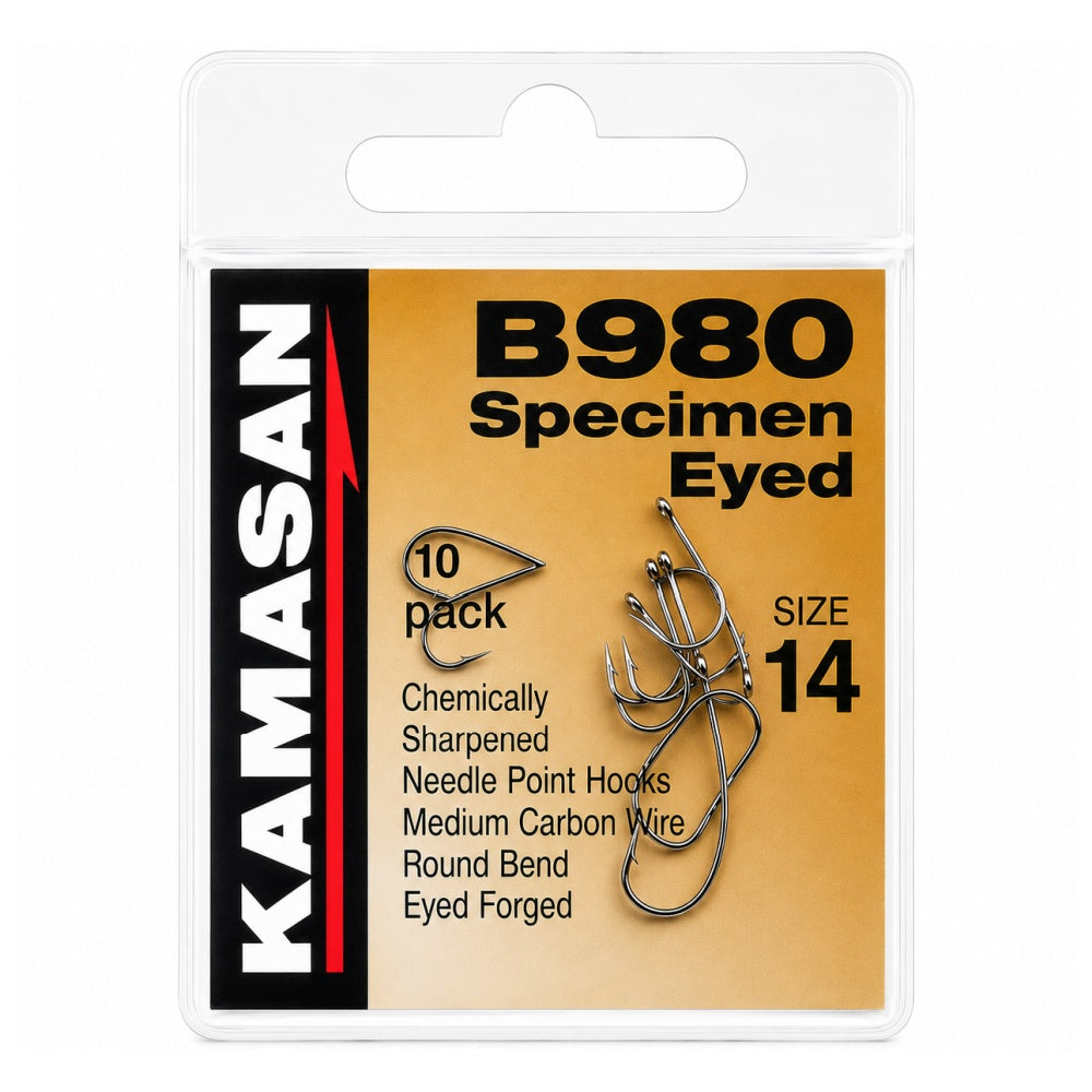 Kamasan B980 Specimen Eyed fishing hook packaging with hooks on a white background