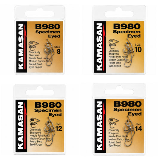 Four packages of Kamasan B980 Specimen Eyed fishing hooks in different sizes.