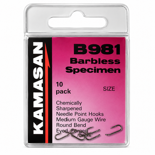 Kamasan B981 Barbless Specimen fishing hooks in packaging with pink label