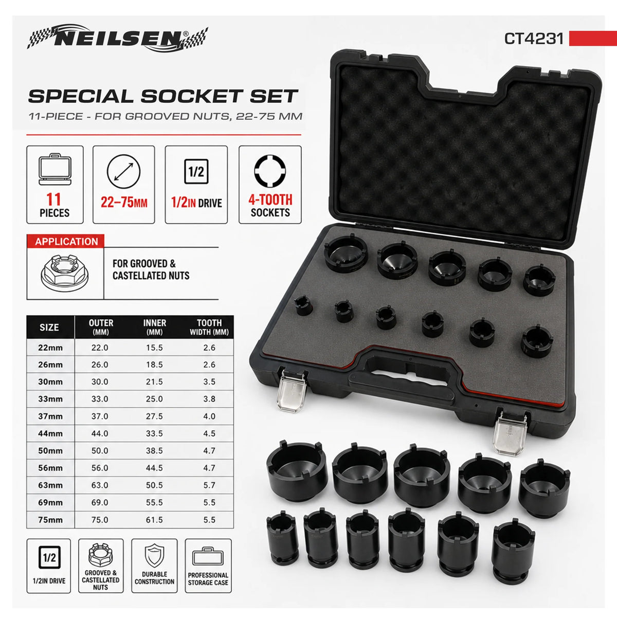 Neilsen Ball Point Pin Socket Set 11 Piece 1/2" Drive CT4231
