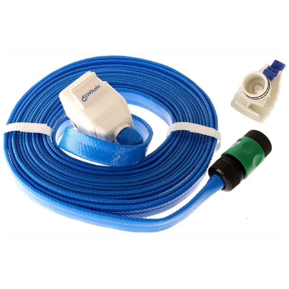 A coiled blue hose with a white branded pump or filter unit, a white zip tie, and a green-and-black connector, shown on a plain white background. Whale EM9433.