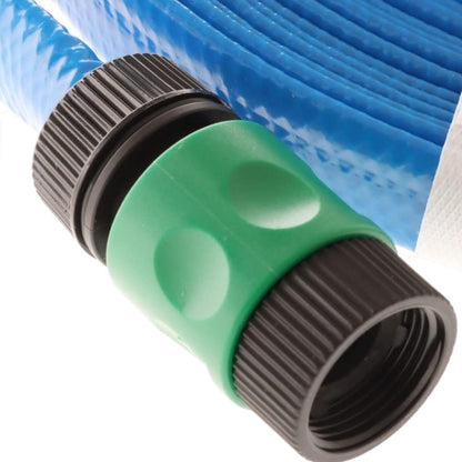Close-up of a blue garden hose connector with a green silicone sleeve and black threaded caps, shown against a white background.
