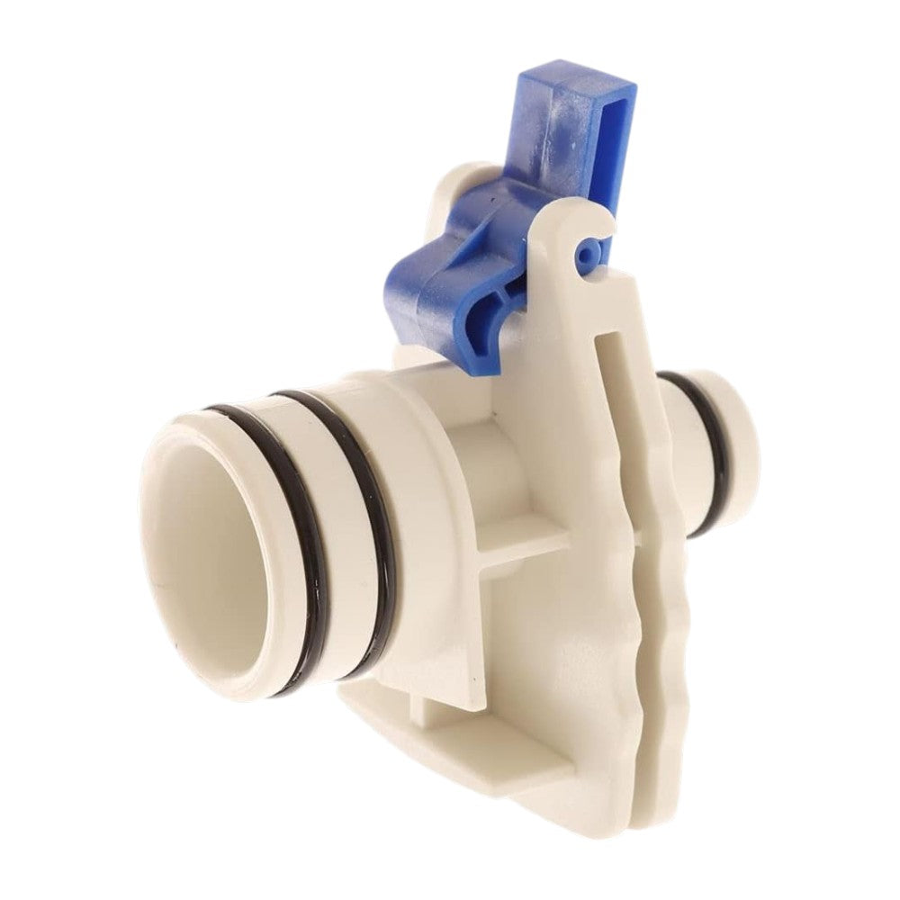 A plastic inline valve fitting with a white body, black O-rings, and a blue lever handle, shown on a solid white background.