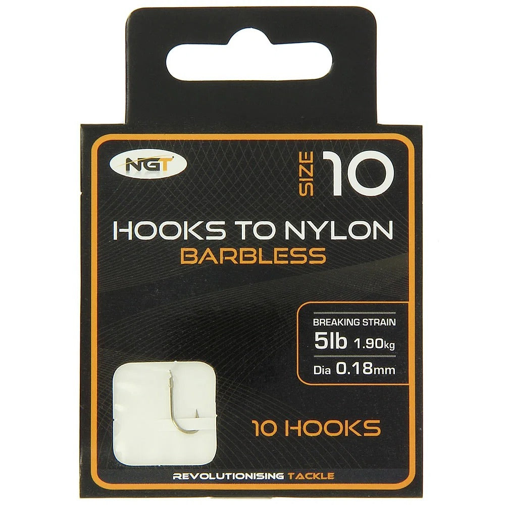 NGT Hooks Tied to Nylon Bundle Sizes 10, 12, 14, 16 & 18 Pack of 10 Hooks