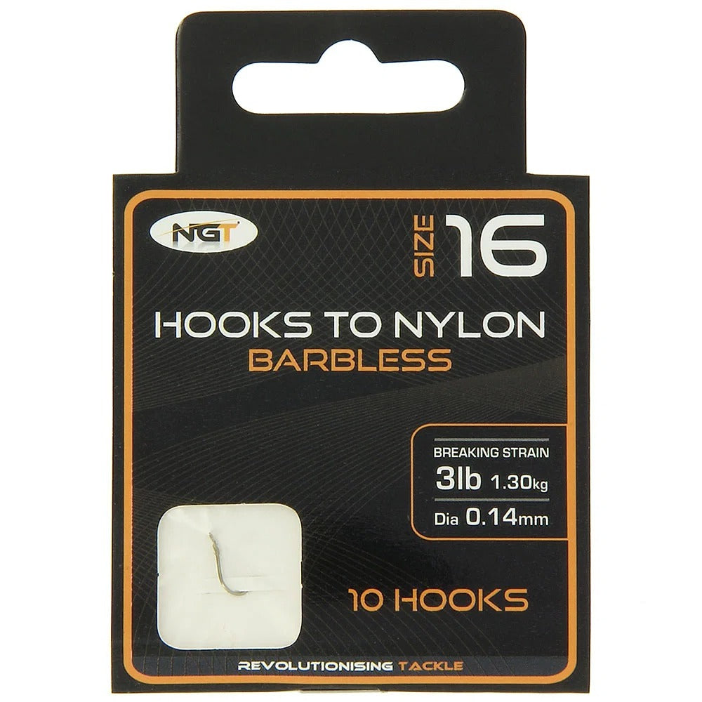 NGT Hooks Tied to Nylon Bundle Sizes 10, 12, 14, 16 & 18 Pack of 10 Hooks