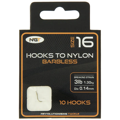 NGT Hooks Tied to Nylon Bundle Sizes 10, 12, 14, 16 & 18 Pack of 10 Hooks