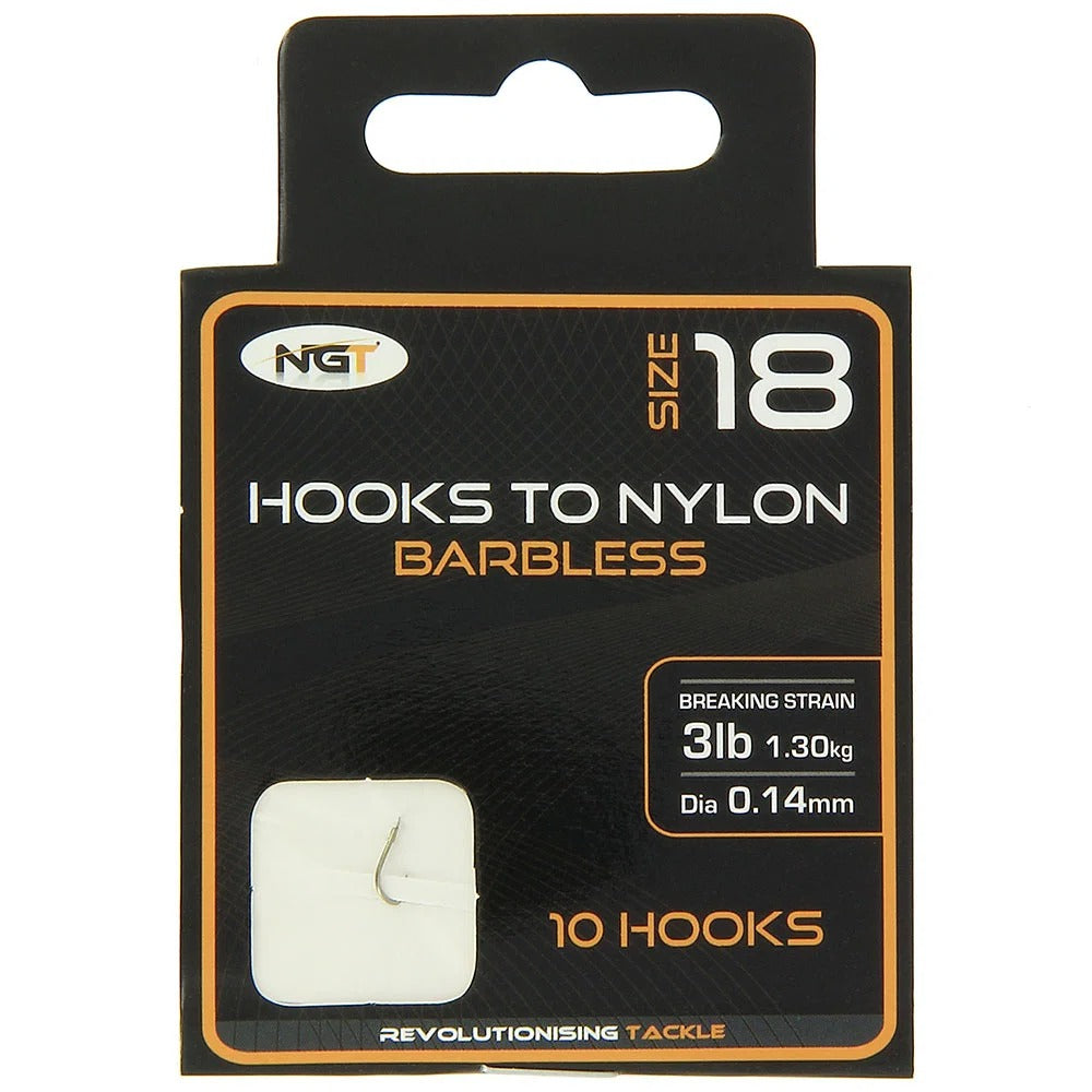 NGT Hooks Tied to Nylon Bundle Sizes 10, 12, 14, 16 & 18 Pack of 10 Hooks
