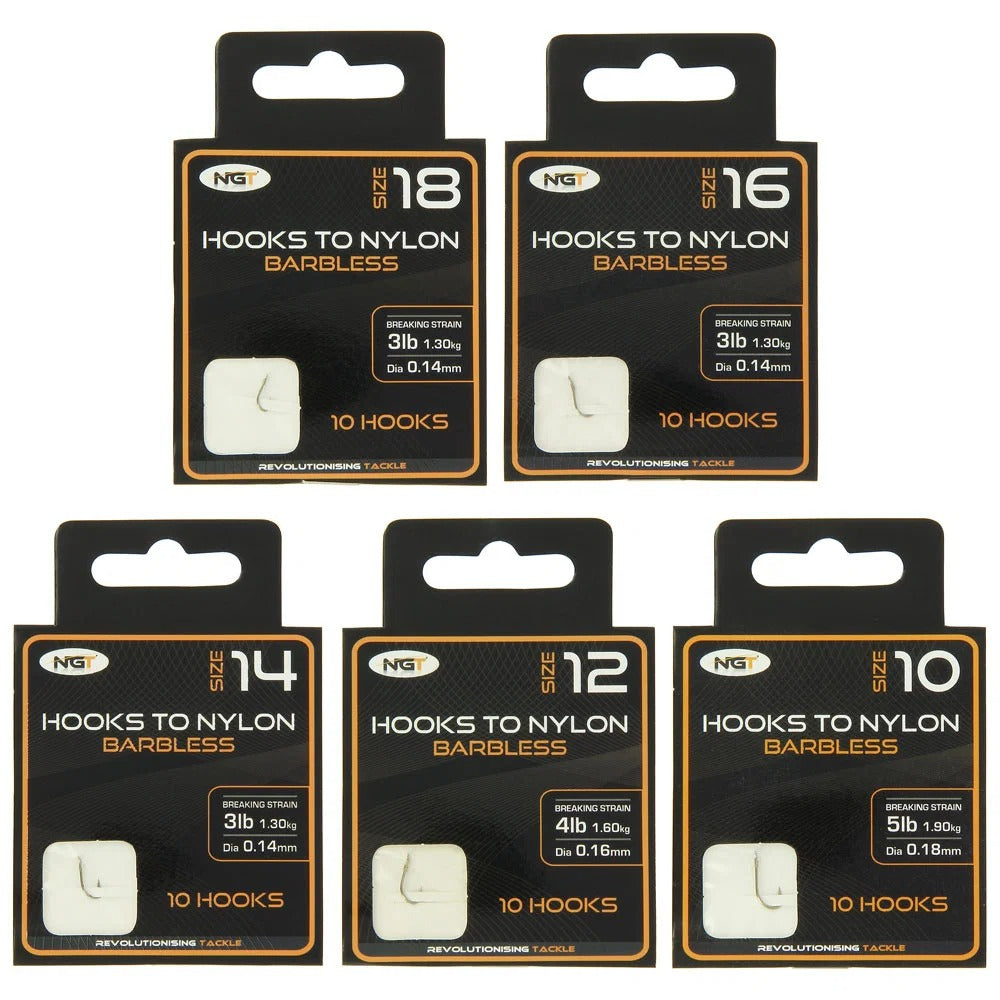 NGT Hooks Tied to Nylon Bundle Sizes 10, 12, 14, 16 & 18 Pack of 10 Hooks