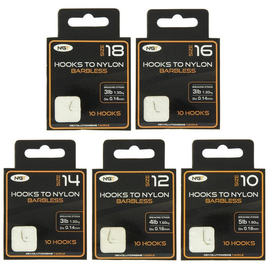 NGT Hooks Tied to Nylon Bundle Sizes 10, 12, 14, 16 & 18 Pack of 10 Hooks