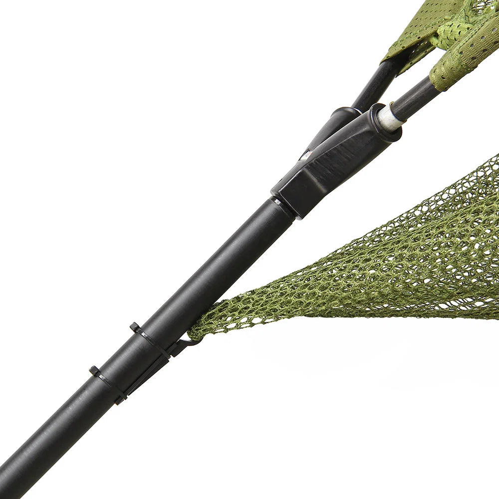 Fishing net with a black handle on a white background