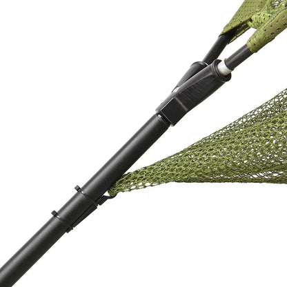 Fishing net with a black handle on a white background