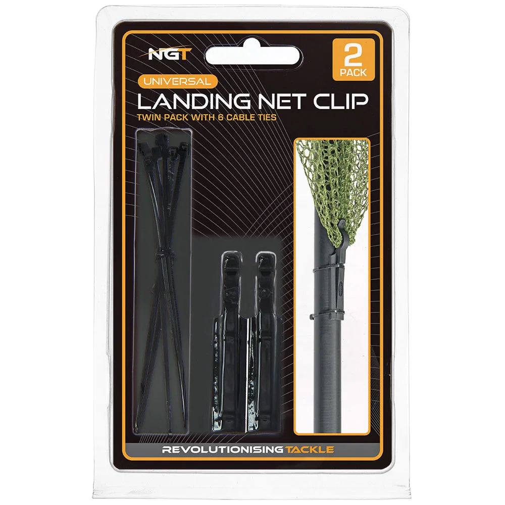 Packaged NGT landing net clip with cable ties on a white background