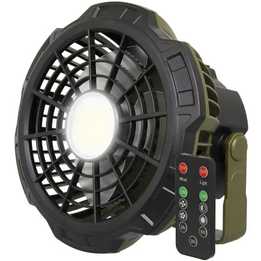 Portable fan with light and remote control on a white background
