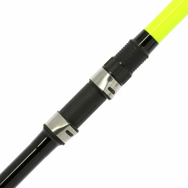 Close-up of a black and silver telescopic pole with a yellow tip on a white background