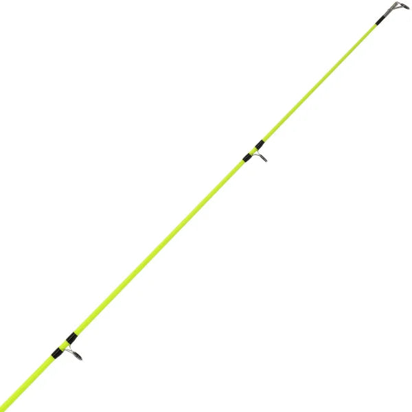 Fishing rod with a bright yellow handle and black grips on a white background