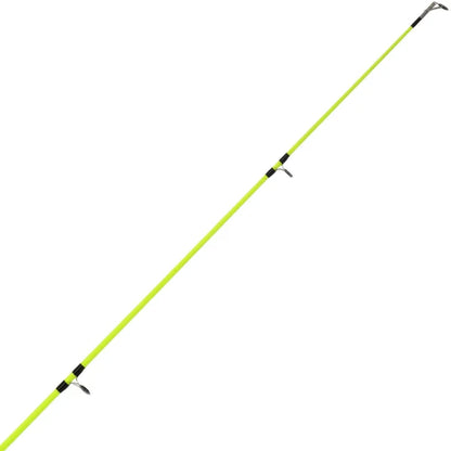 Fishing rod with a bright yellow handle and black grips on a white background