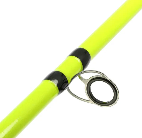 Close-up of a yellow fishing rod with a silver reel on a white background