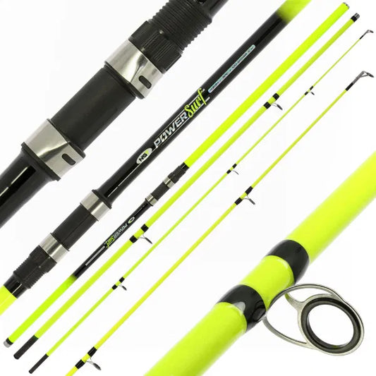 A set of fishing rods shown in multiple close-up and full-length views on a clean white background. The rods feature a bright neon yellow-green shaft with black sections, silver metal hardware, and the brand name 'POWERfish' printed on one rod.