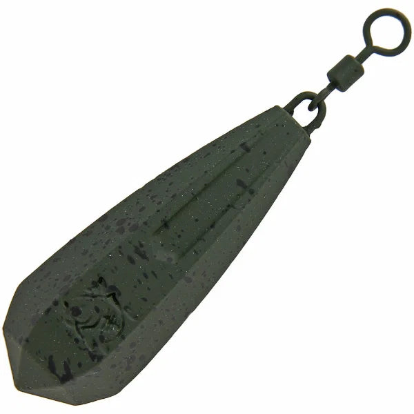 Dark green fishing weight with a hook on a white background