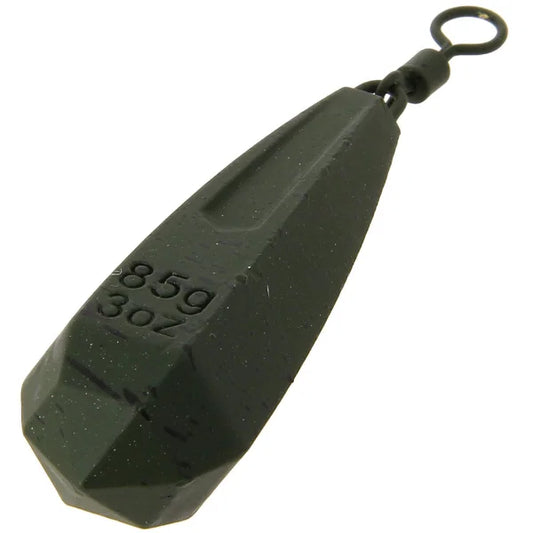 Black fishing weight with measurement '85g 3oz' on a white background
