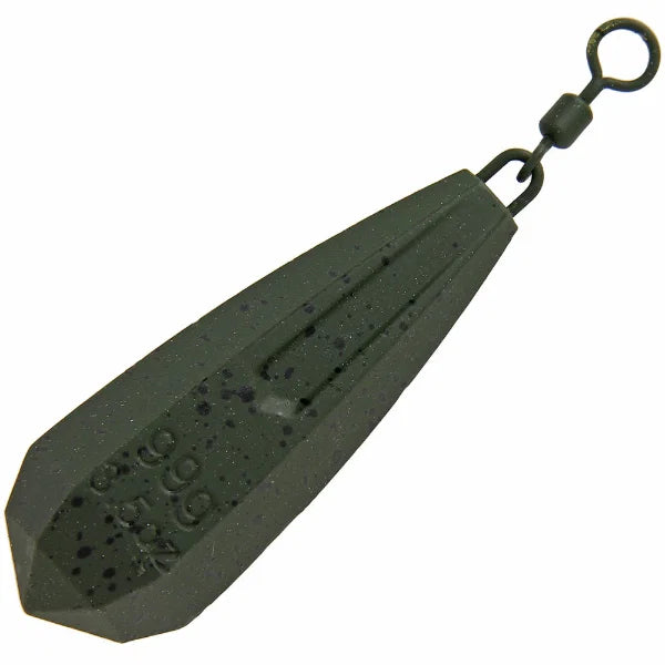 Dark green fishing weight with a hook on a white background