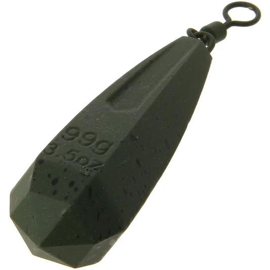 Black fishing weight with measurement '99g' on a white background