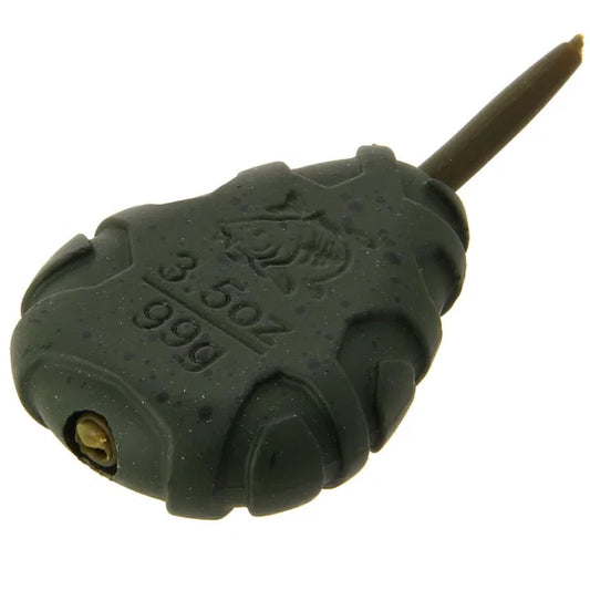 Black fishing weight with measurement details on a white background