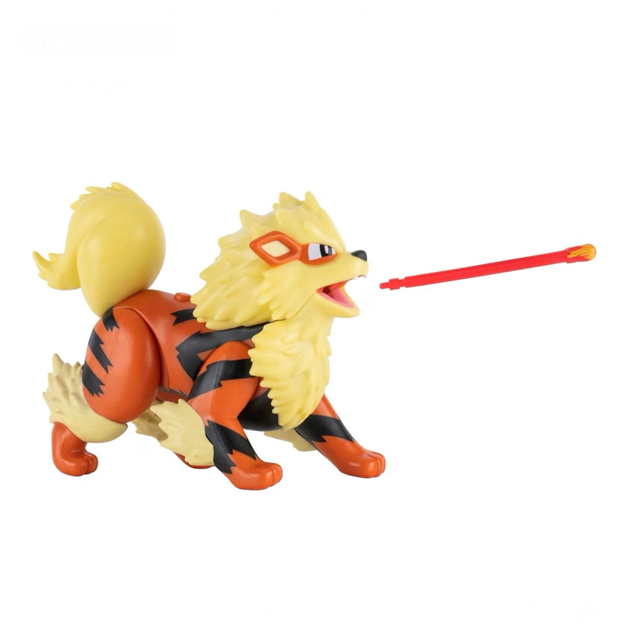A toy figurine of a yellow and orange striped fox-like creature with a red laser pointer accessory, shown on a plain white background.